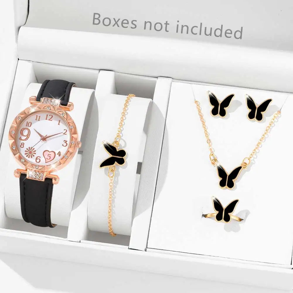 6PCS Women's Watch Set Trendy Versatile Butterfly Elements Quartz Watch Bracelet Necklace Earrings Ring Set Perfect Gift for Her