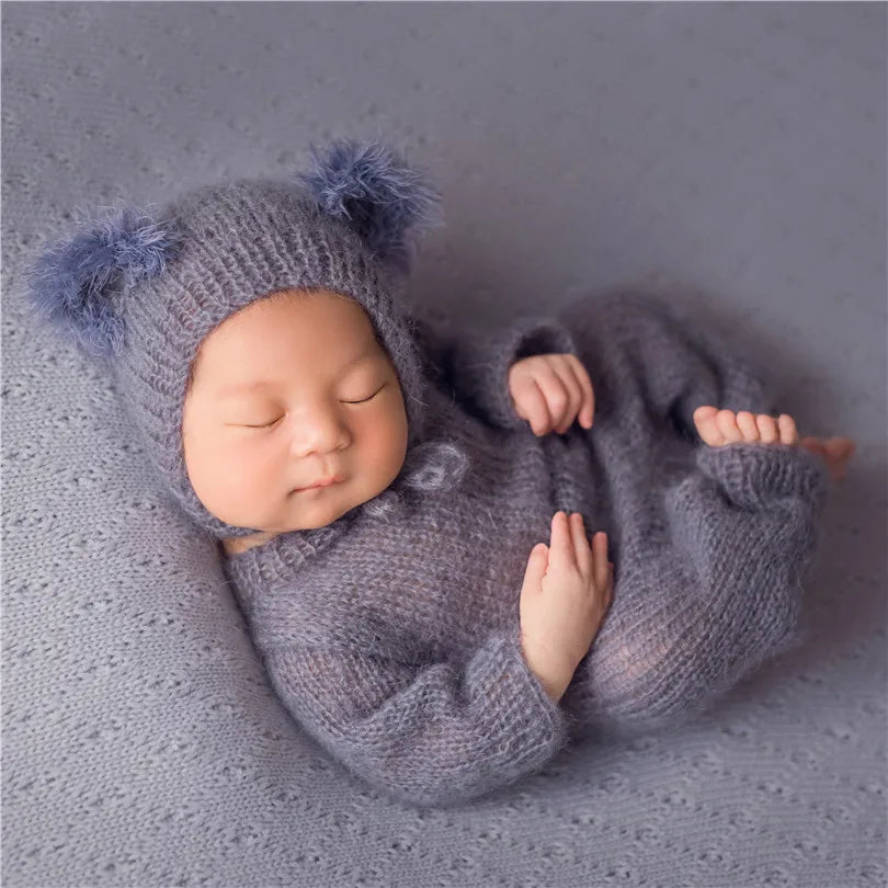 Hand Knitted Wolf Pup Footed Outfit Set Baby Boy Animal Romper Newborn Photography Prop Fuzzy Crochet Teddy Bear Overall Clothes