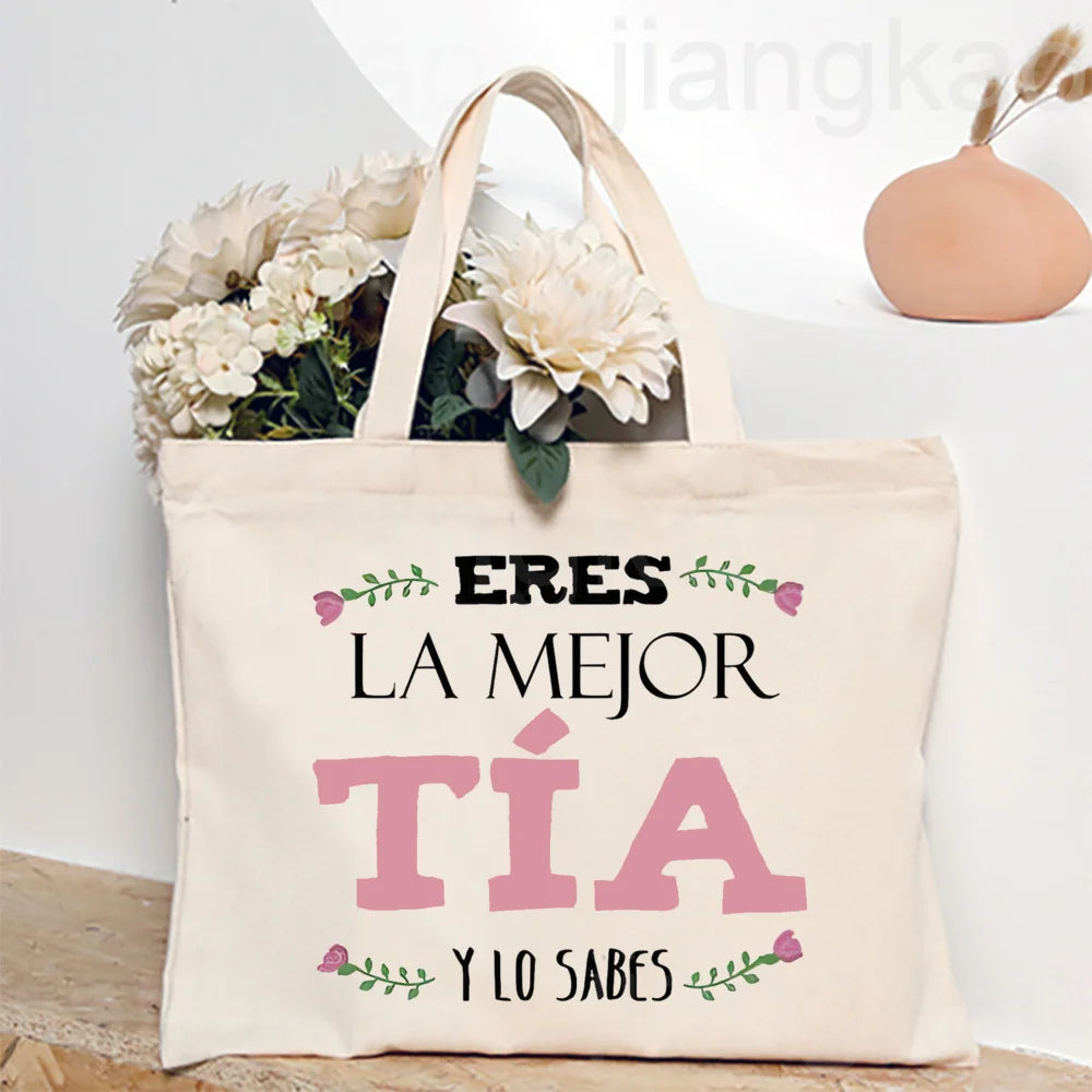 Best Aunt in The World Spanish Printed Tote Bag Women Shopping Bags Canvas Shoulder Bag Birthday Holiday Christmas Gift for Tia