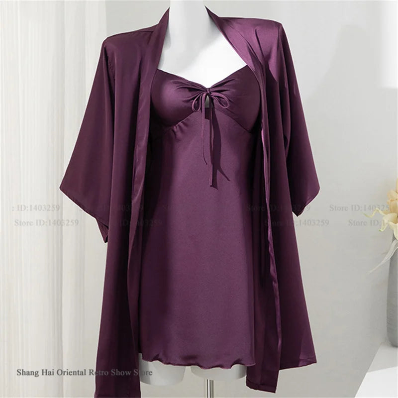Female 2PCS Robe Nightgown Set Pajama Sexy Suspender Nightdress Lingerie Summer Kimono Bathrobe Gown Rayon Homewear Lounge Wear