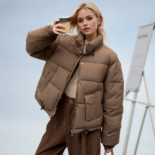 Women's Winter Parka Coat  Pure Color Stand Collar Patchwork Elastic Cuffs Lady's Quilted Jacket  Korean-Style Jacket For Female