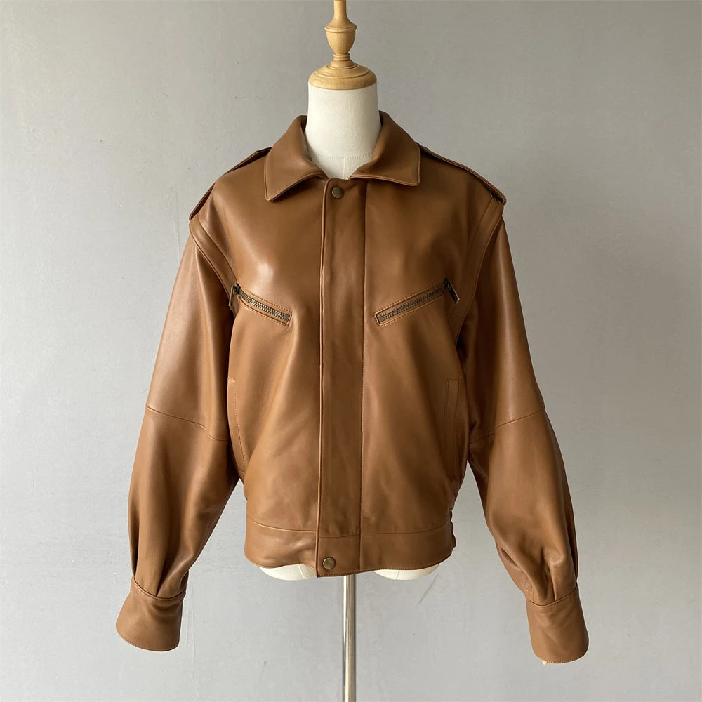 Jaxmonoy Women Sheepskin Jacket Lady Spring Fall Genuine Leather Coat Fashion Removable Sleeves Real Leather Jackets New Arrival