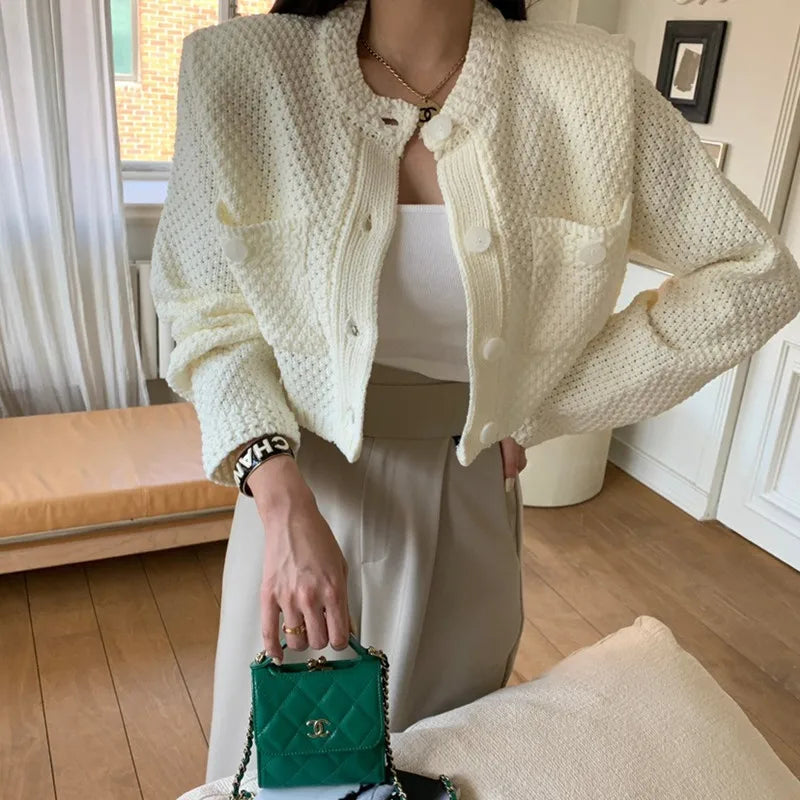 Elegant O Neck Cardigan Knitted Women Short Sweater Coat Pockets Autumn Long Sleeve Loose Spring Korean Versatile Crop Jacket
