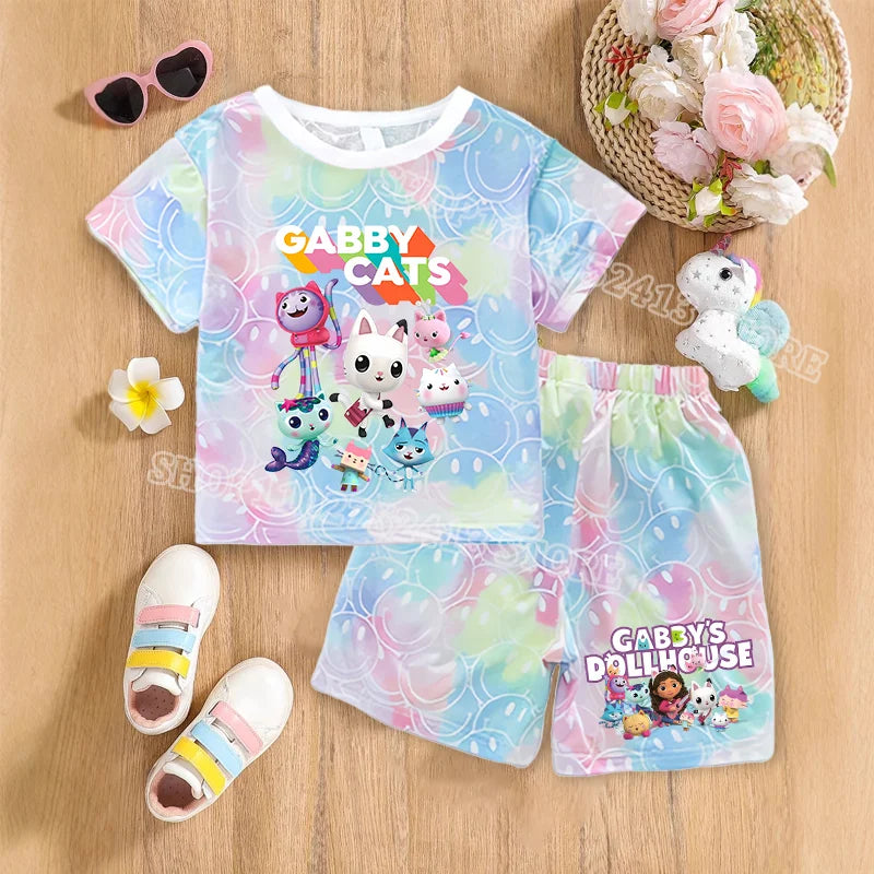 2pcs Gabby Dollhouse Sets Summer Breathable Sweat Absorbent Kids Clothes Baby Girls Kawaii anime Smile Short Sleeve Thin Suit
