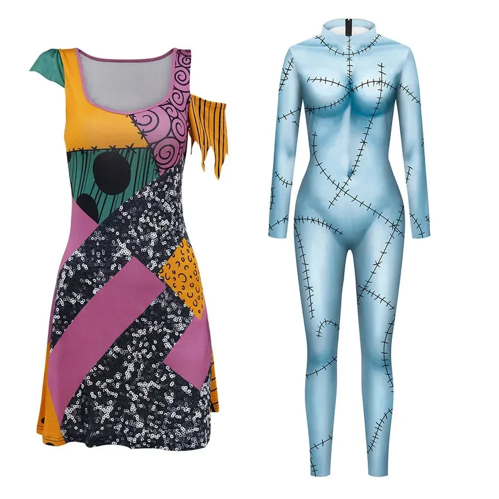 Party Adult Woman Disguise Sally Dress Leggings Cosplay Movie Scary Gothic Jumpsuit Role Play Carnival Halloween Costumes