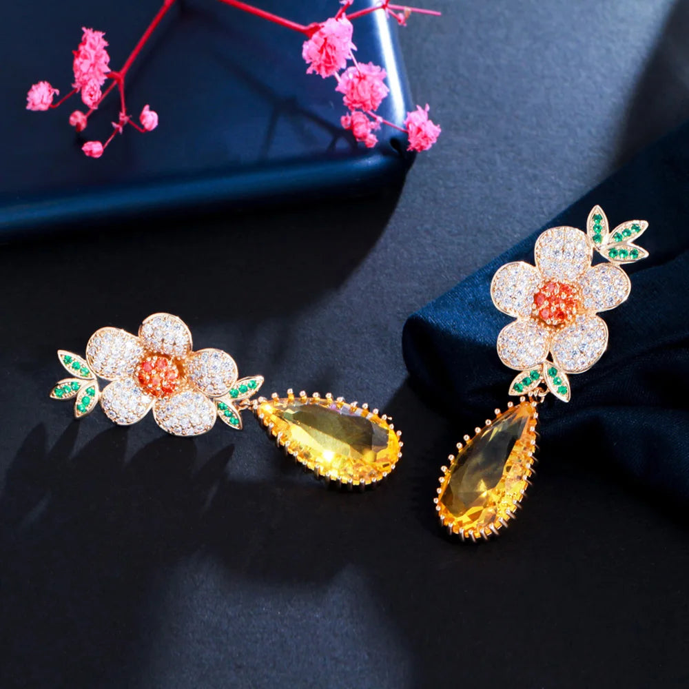 Pera Expensive Gold Color Shiny Yellow Crystal Luxury Wedding Jewelry Long Big Flower Charm Water Drop Earrings for Brides E848