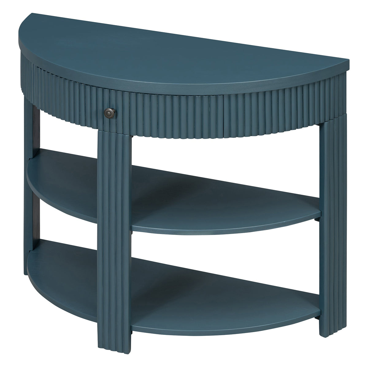 Fluted Half Moon Console Table with Drawer and 2 Shelves for Entryway,