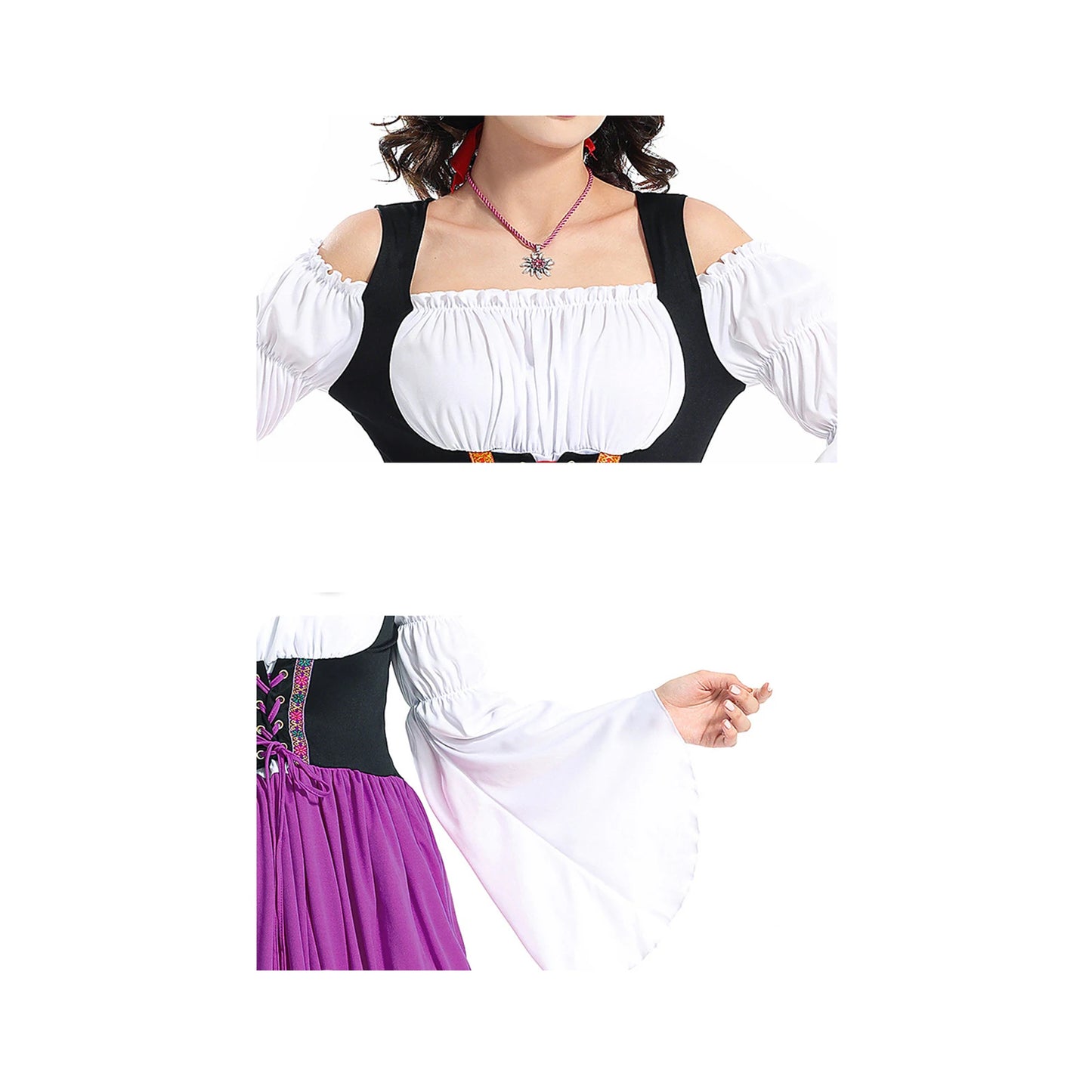 Vintage Halloween Women Maid Outfit Long Sleeve Cold Shoulder Patchwork Long Dress with Hair Scarf Cosplay Costume