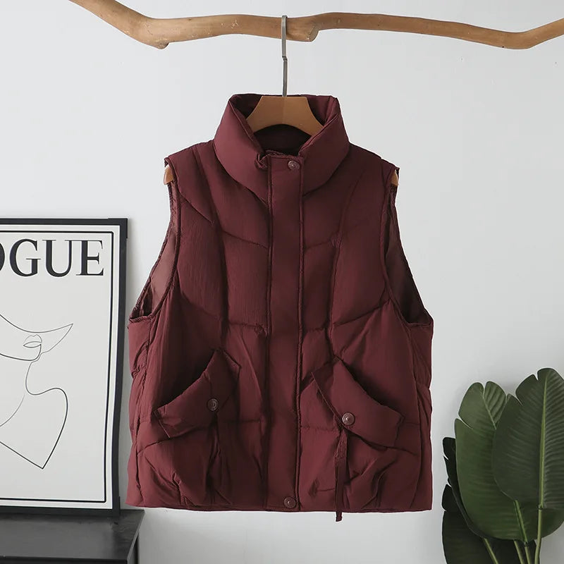 Plus Size Women Down Vest Winter New Loose Oblique Pocket Standing Collar 50% White Duck Down Warm Sleeveless Coat 1317