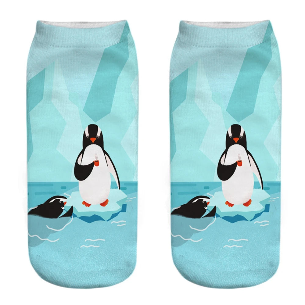 New Funny 3D Printing Cute Cartoon Singing Dancing Christmas Penguin Unisex Animal Series Short Ankle Socks Calcetines De Mujer