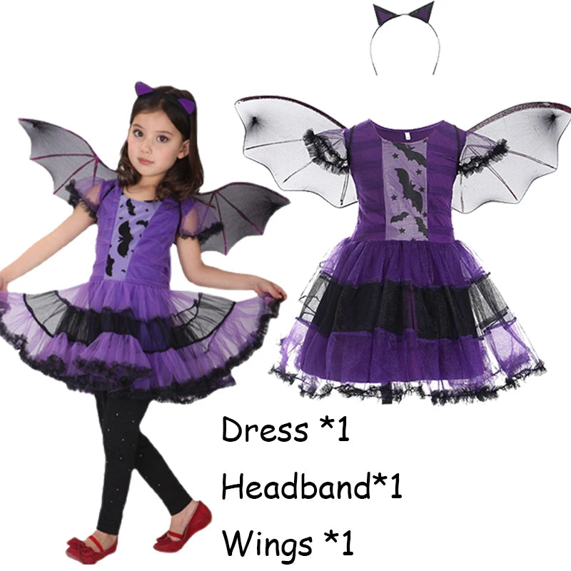 2025 Halloween Baby Girls Witch Dress+Hat+Wand+Candy Bag Costume for Kids Carnival Party Evil Witch Vestidos Set 2-12Yrs Clothes