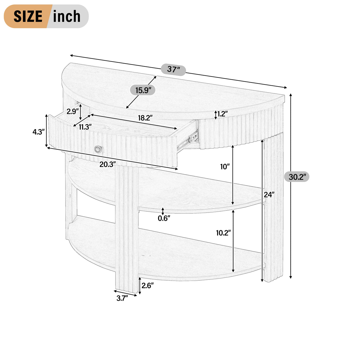 Fluted Half Moon Console Table with Drawer and 2 Shelves for Entryway,