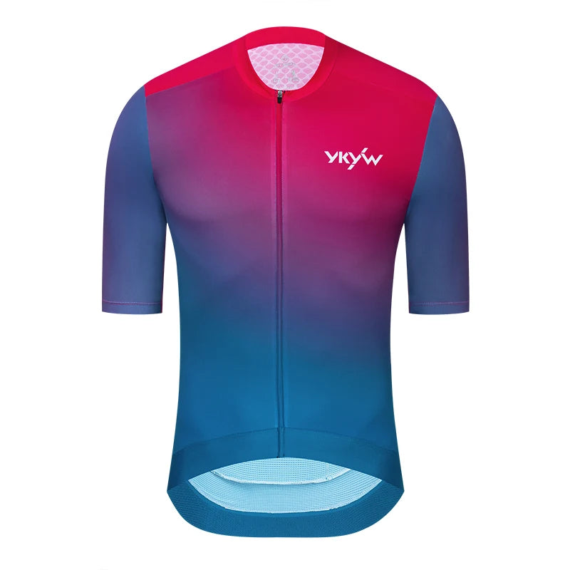 YKYW Men's Short Sleeve Cycling Jersey Summer Quick Drying Wear-resistant Breathable Gradient Bicycle Jersey Road Bike Shirts