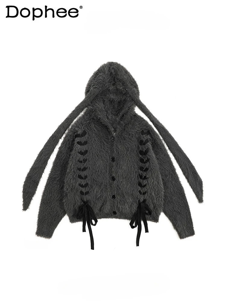Y2K Subculture Japanese Original Rabbit Ear Hooded Sweater Winter Cute Style Sweet Soft Girl Cardigan Coat for Women