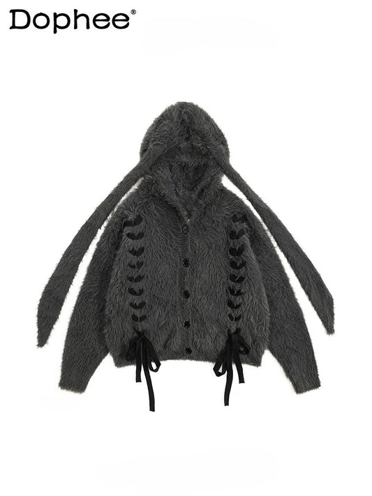 Y2K Subculture Japanese Original Rabbit Ear Hooded Sweater Winter Cute Style Sweet Soft Girl Cardigan Coat for Women