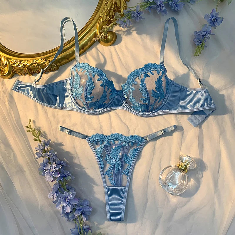 Sexy Adult Lingerie Set Light Blue Ultra Thin Mesh Underwear Delicate Embroidery Bra and Panties Sets Translucent Sexy Lingerie