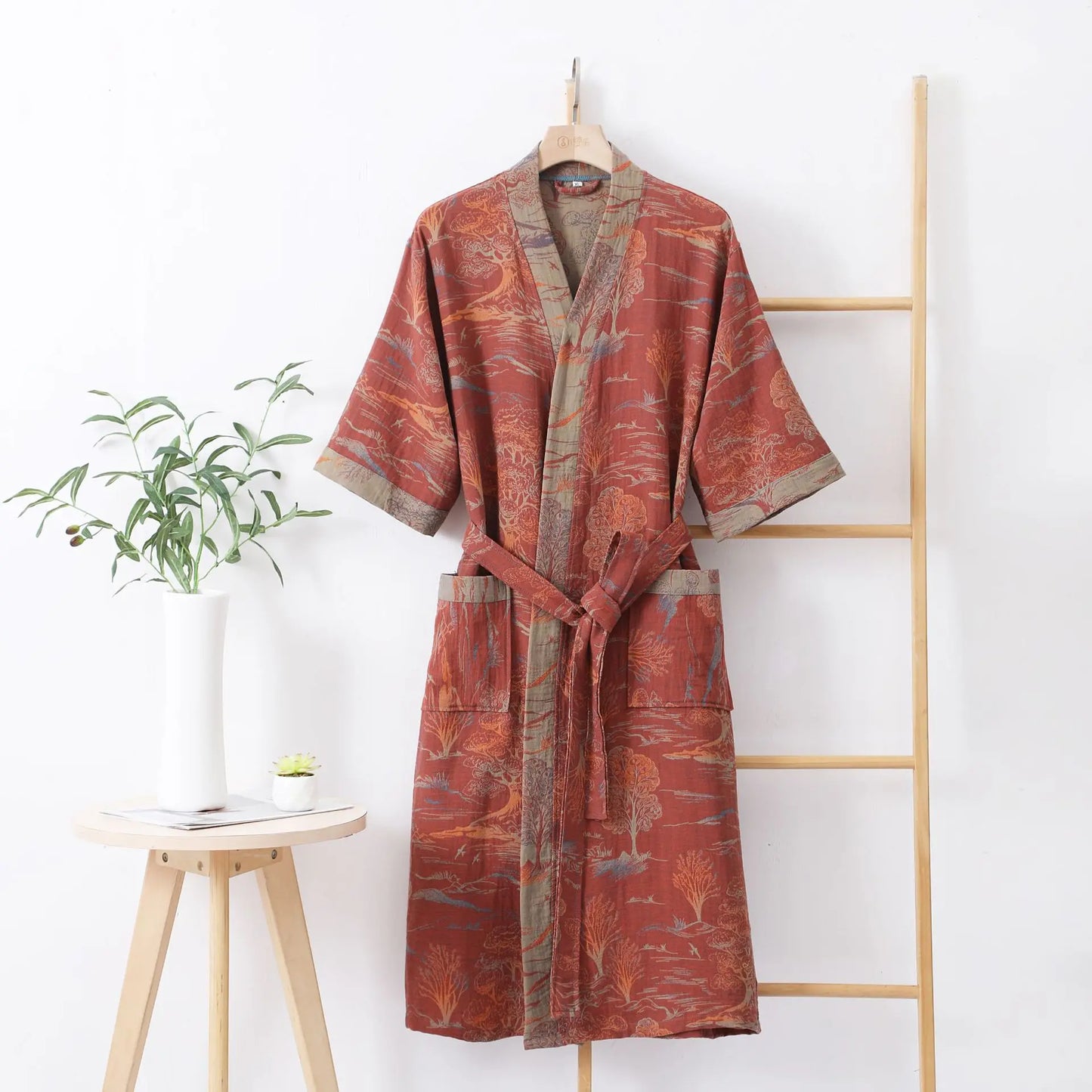 Double Layer Cotton Gauze Long Robe Retro Jacquard Kimono Bathrobe Gown Spring Summer Sleepwear Couple Pijama Loose Lingerie