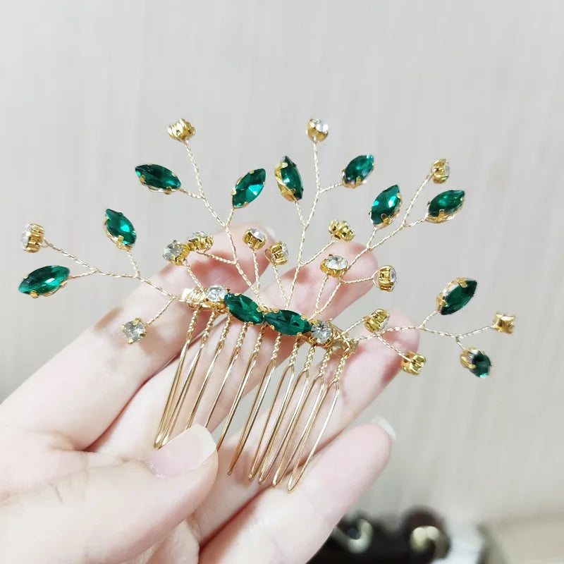 Green Color Rhinestone Hair Combs Bridal Hair Jewelry Leaf Hairpins Pearls Hairpins Bride Wedding Headdress Headband