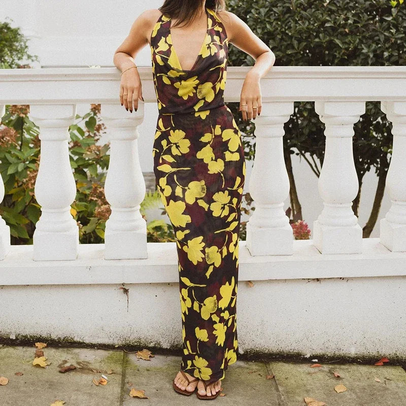 Sexy Sleeveless High Waisted Beach Dress Casual Printed Backless Long Dress 2025 New Women's Neck Hanging Hollow Slim Fit Dress