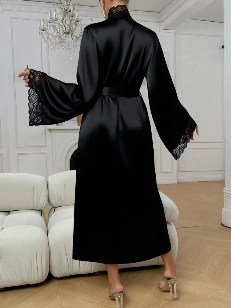 Sexy Lace Patchwork Nightwear Vestidos De Novia Women Wedding Dress Satin Kimono Bathrobe Intimate Lingerie Long Pijama Mujer