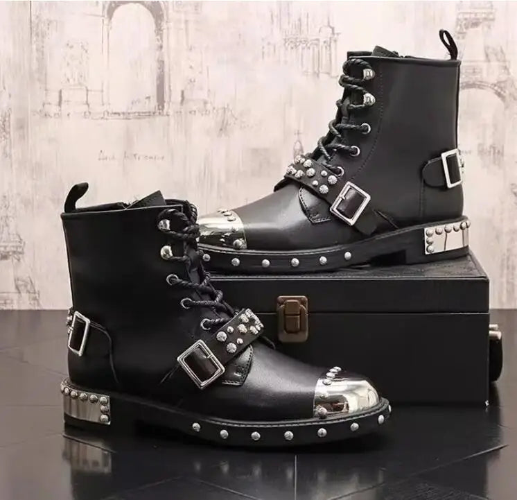 Punk Style Metal Toe Rivets Studs Buckle Strap Chelsea Boots Men Black Leather Motorcycle Boots Shoes Man Zapatos Hombre