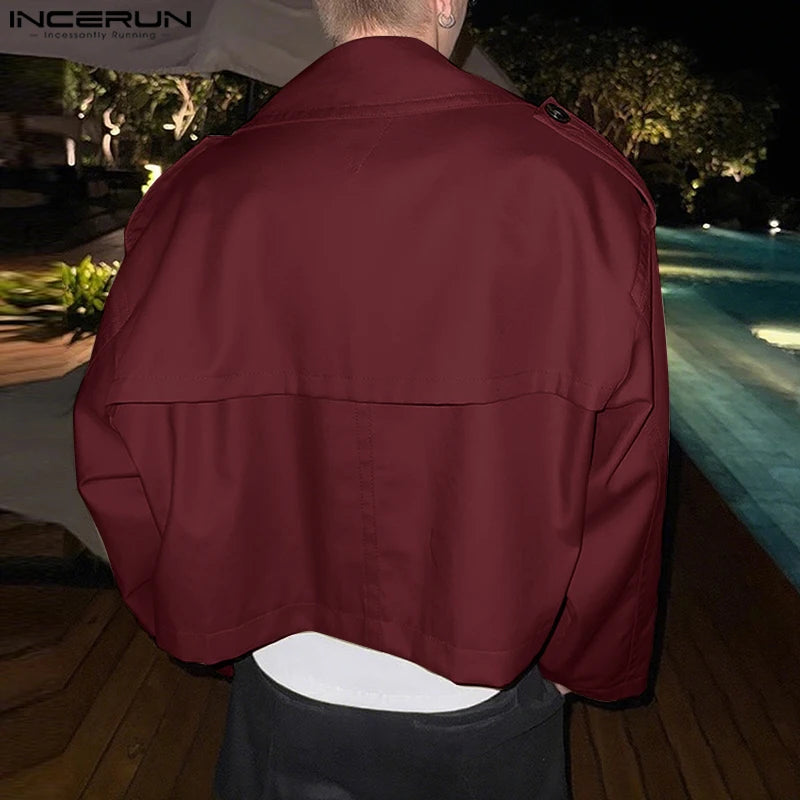 INCERUN Men Jackets Solid Color Lapel Long Sleeve Button Casual Crop Coats Men Streetwear Autumn 2025 Fashion Jackets Outerwear