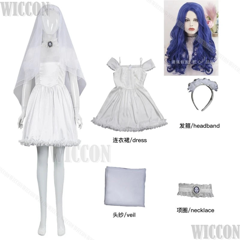 Corpse Bride Anime Emily Cosplay Fancy Outfit Gothic Clothes White Wedding Dress Veil Blue Wig Withered Garlands Prop Halloween