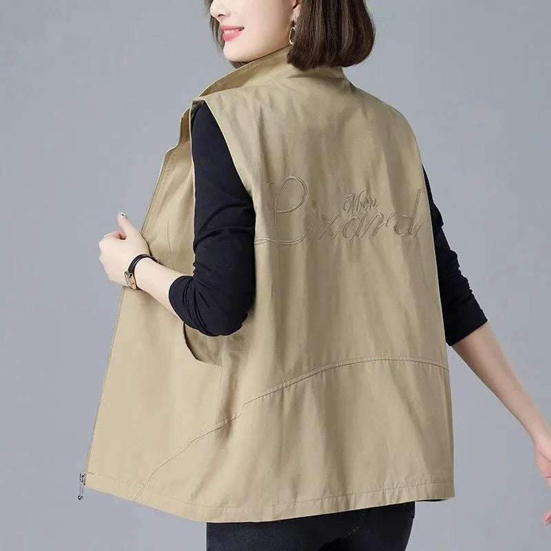 New Spring Summer Thin Blue Vest Women Lined Casual Sleeveless Jacket Basic Coats Turndown Collar Zipper Waistcoat Female Tops