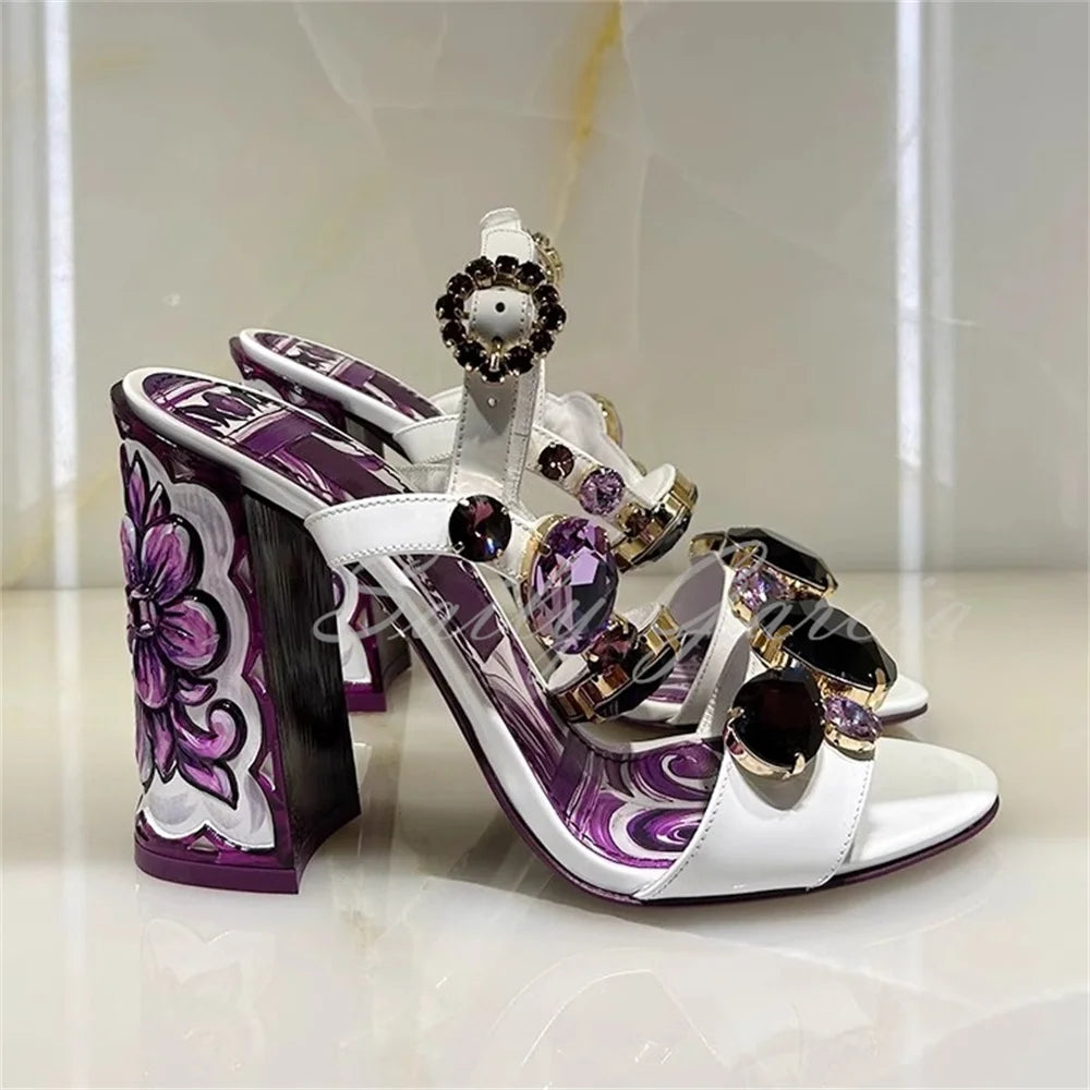 Luxury Diamond Crystal Decor Modern Sandals Women Open Toe Purple and White Chunky Heel Ankle Strap Summer New Dress Shoes