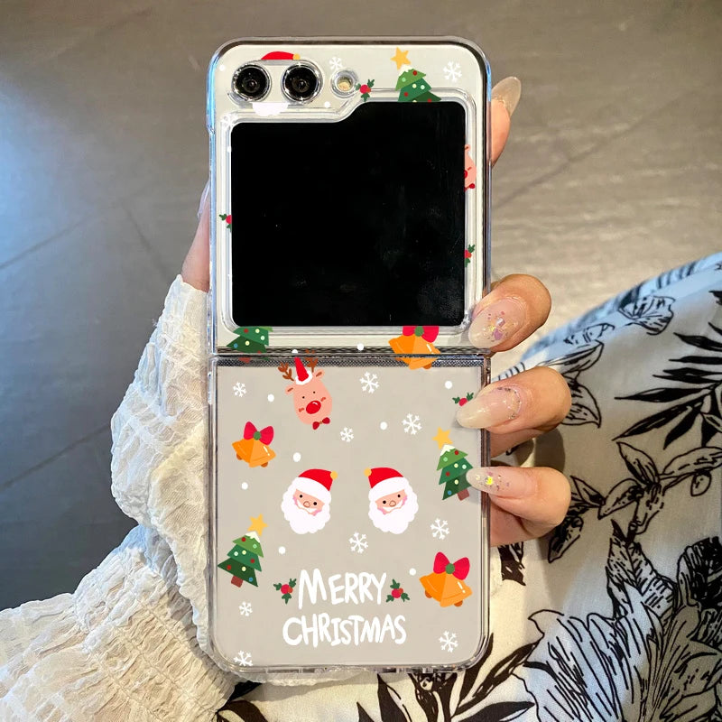 Christmas Tree Cartoon Print Clear Phone Case For Samsung Galaxy Z Flip 7 6 5 4 3 5G Folding Hard PC Cover For Samsung Z Flip5