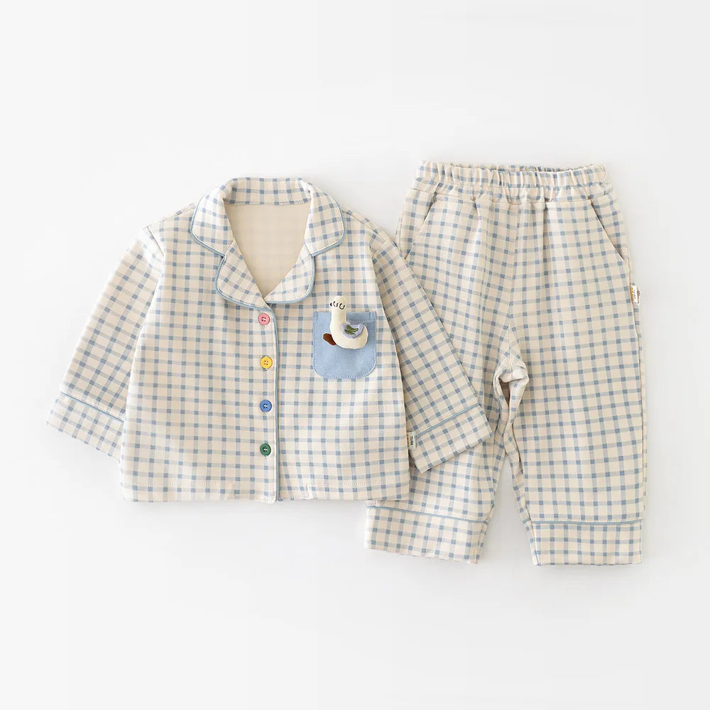 2025 Autumn Baby Sleepwear Set 0-3T Cute Plaid Lapel Doll Cardigan and Pants 2Pcs Baby Boys Girls Pajamas Sets Kids Home Wear