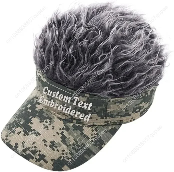 Custom Text Personalized Embroidered Novelty Hair Visor Cap Wig Peaked Adjustable Baseball Hat with Spiked Hair