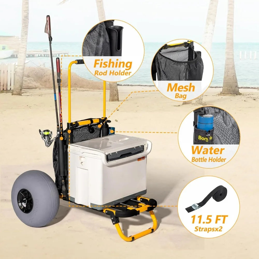 Beach Fishing Cart, Beach Wagon Trolley With 12" Big Balloon Wheels For Sand Foldable Beach Trailer With 23" X 15" Cargo