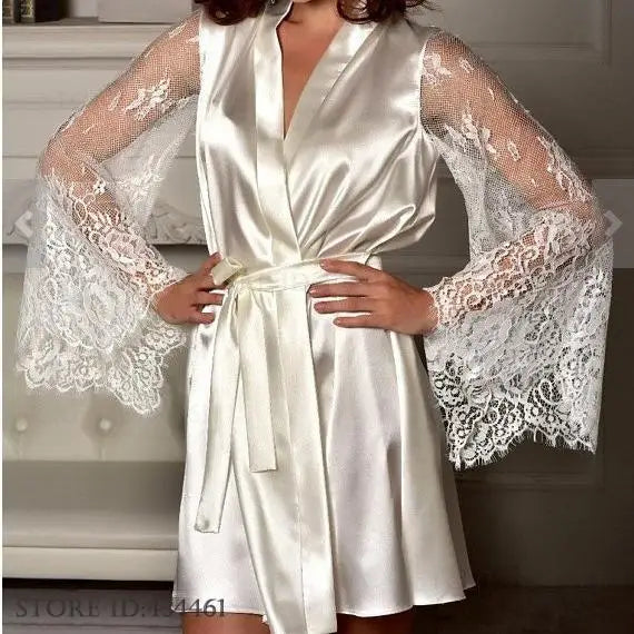 Sexy Lace Sleeve Bride Wedding Robe Dress White Silk Satin Kimono Bathrobe Gown Loose Female Sleepwear Elegant Homewear Lingerie