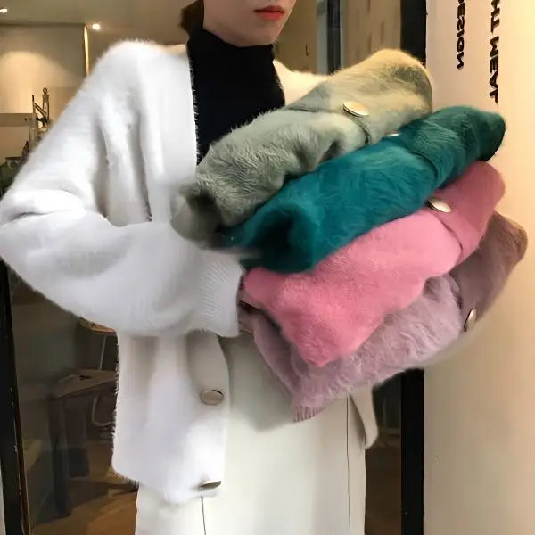 Women Autumnn New Chic Fashion Fluffy Soft Plush V-neck Knitted White Cardigan Sweater Coat Korean Fashion Tops Y2k