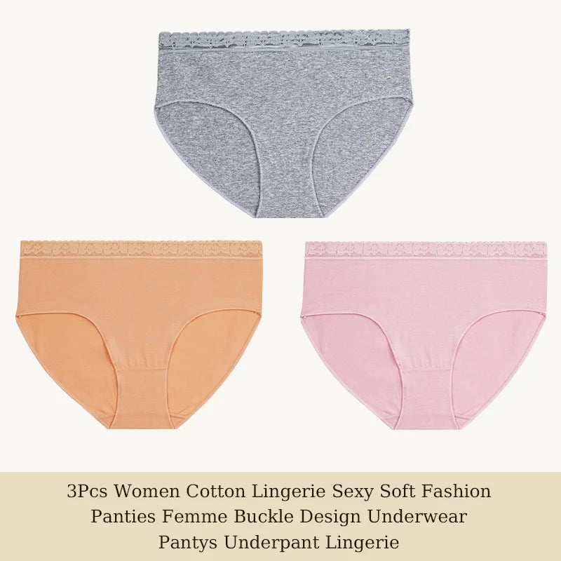 3Pcs Women Cotton Lingerie Sexy Soft Fashion Panties Femme Buckle Design Underwear Pantys Underpant Lingerie Lace Intimates S-XL
