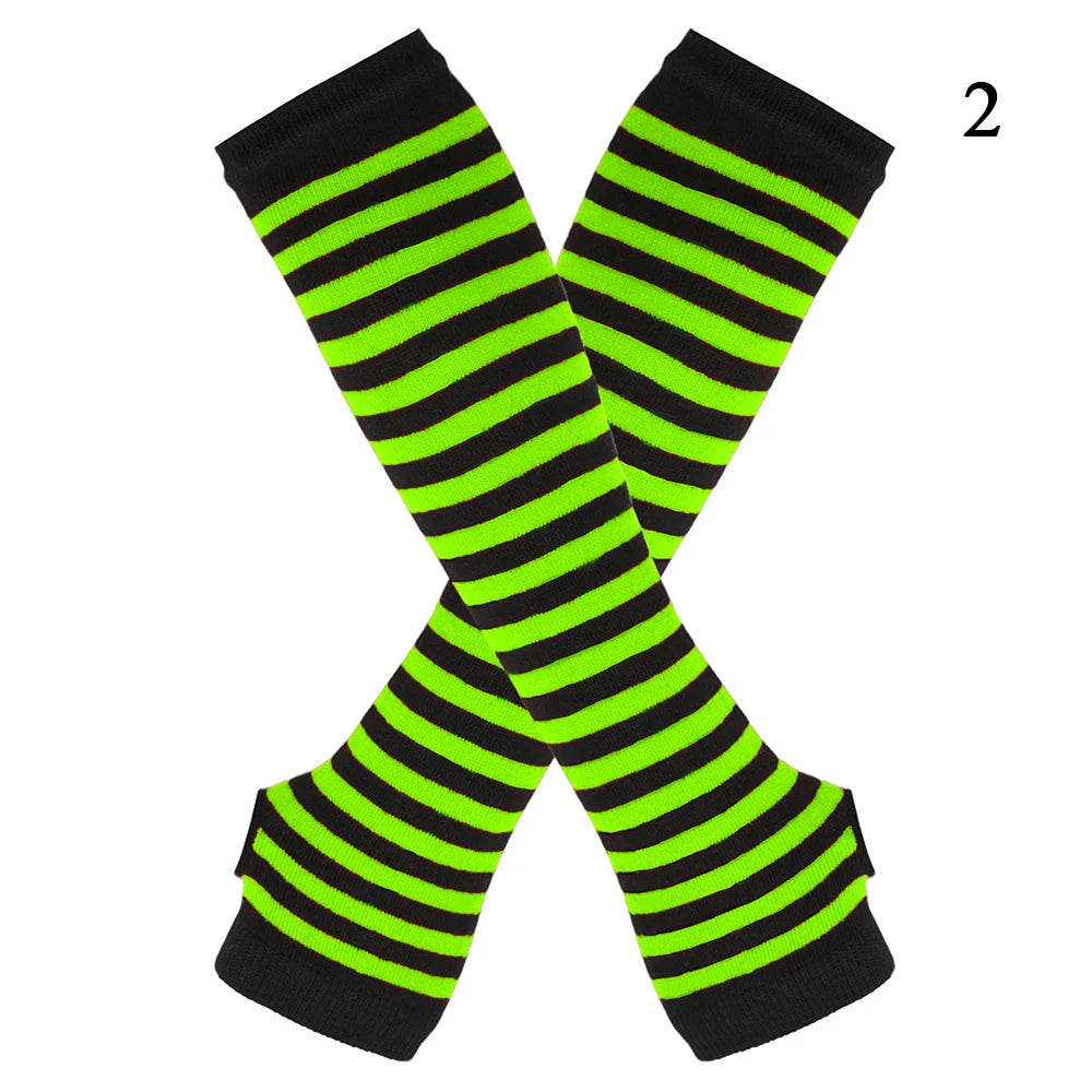 Macaroon Color Striped Long Sleeves Fashion Punk Long Fingerless Gloves For Women Men Outdoor Christmas Ornament  Arm Warmer