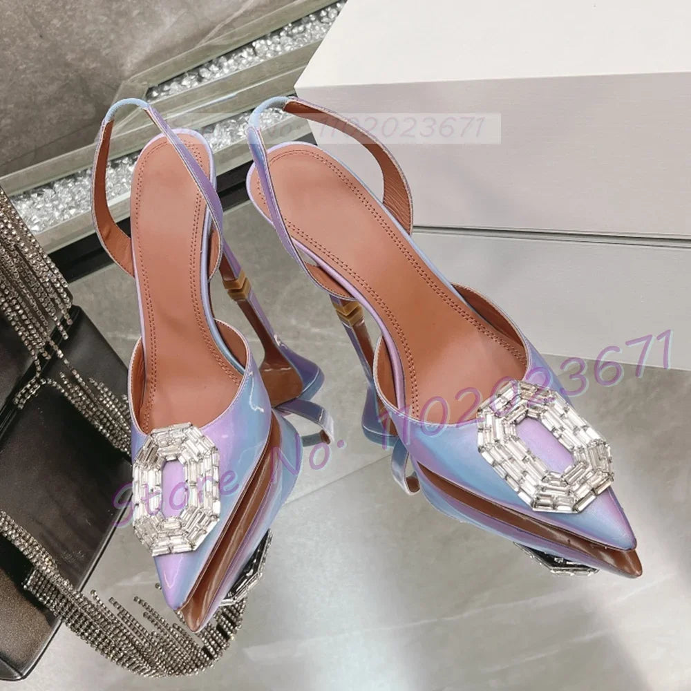 Ombre Color Pointy Back Strap Sandals Women New Elegant Crystal Buckle Dark Gold Dress Shoes Ladies Summer Party Sexy Sandals