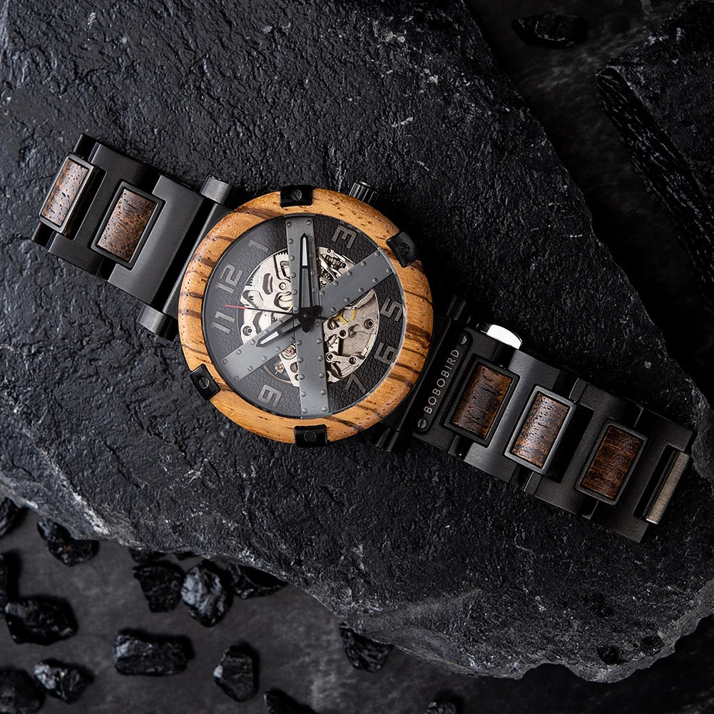 Men Watch BOBO BIRD Wooden Automatic Mechanical Watch Metal Wristwatch Top Fashion Business Clock Custom Gift Box reloj hombre
