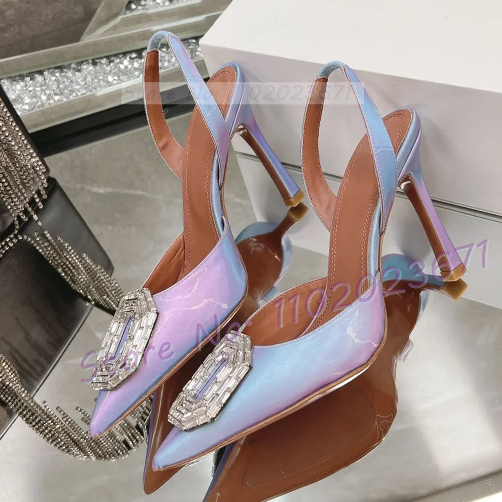 Ombre Color Pointy Back Strap Sandals Women New Elegant Crystal Buckle Dark Gold Dress Shoes Ladies Summer Party Sexy Sandals