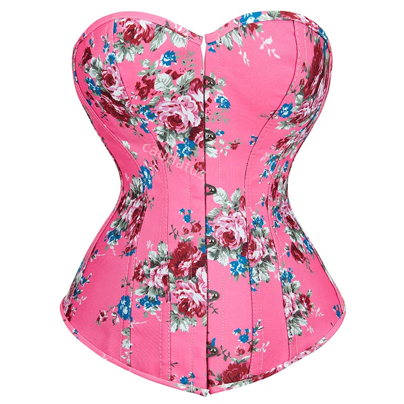 Corset Top Bustier Plus Size Overbust Corselet Burlesque Flower Lace UP Sexy Lingerie Costume Renissance Women Clothies Pink