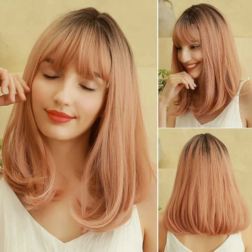 ESIN Synthetic Dark Brown Wig Long Wave Wigs for Women Hair Wig With Bangs Heat Resistant Party Daily Natural Use