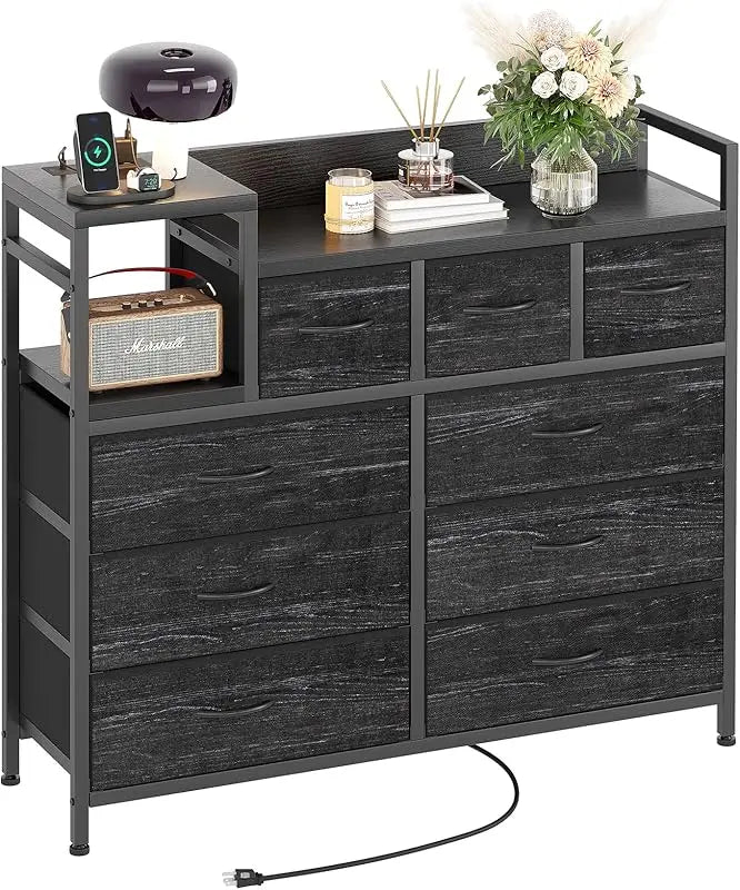 9 Drawer Storage Bedroom Dresser TV Stand |   Multi-Functional with Built-in Charging Station Tall Dresser for Closet O