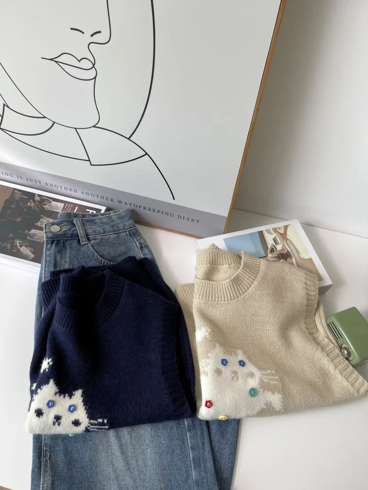 Korean Cute Cat Knitted Sweater Vest For Women 2025 New Colorful Buttons Round Neck Knitwear Loose Casual Versatile Pullovers