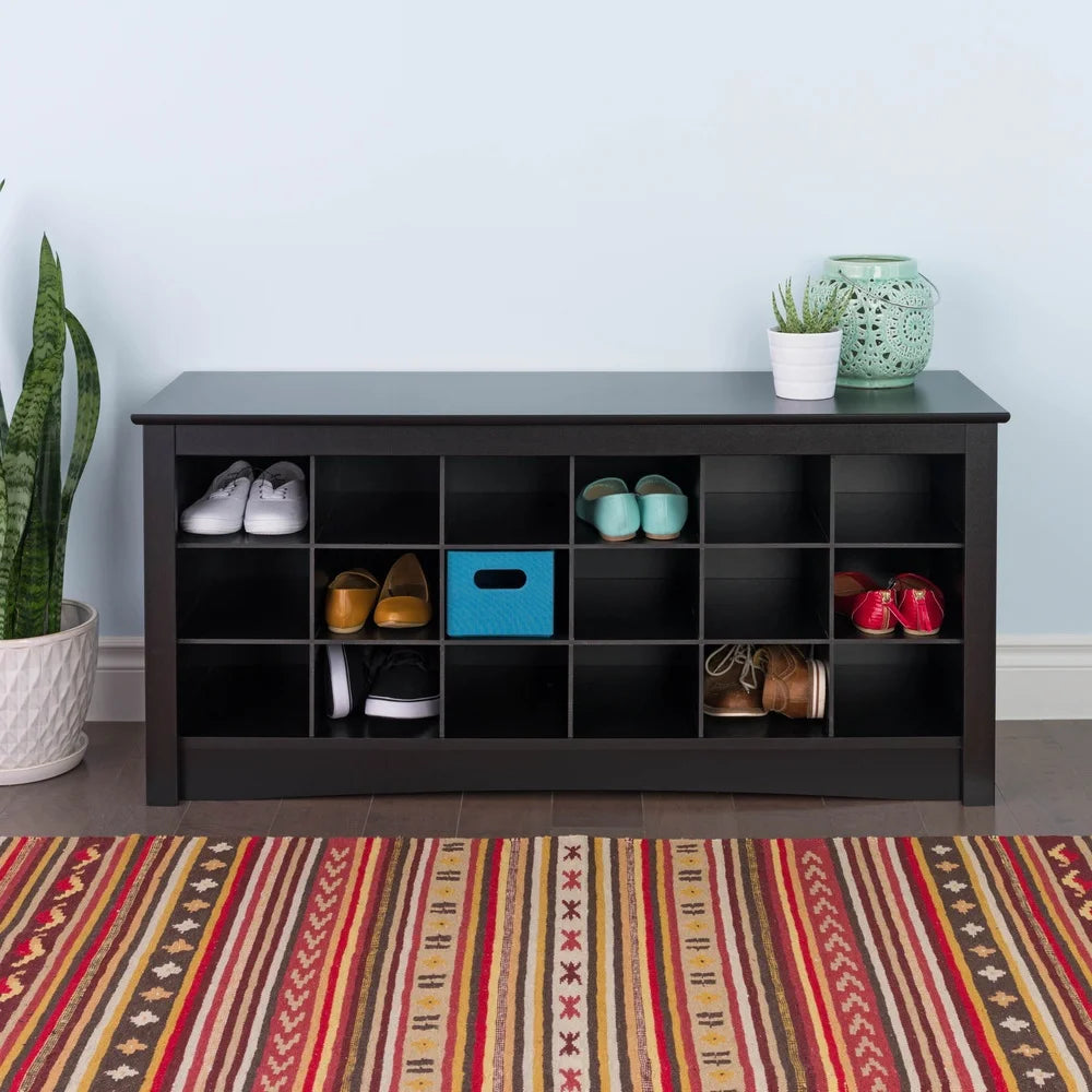 18 Pair Shoe Storage Cubbie Bench Indoor Entryway Organizer Durable Composite Wood Black Easy Assembly Utility Room