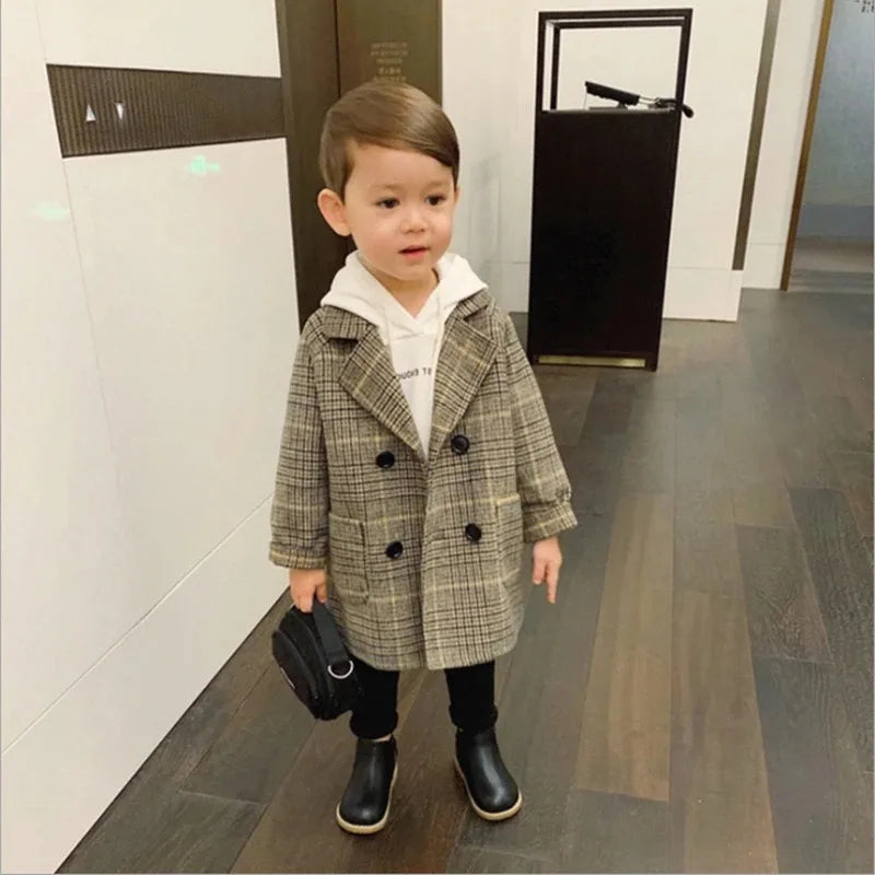 Baby Boy Girls Woolen Jacket Long Double Breasted Warm Infant Toddle Lapel Tweed Coat Spring Autumn Winter Baby Outwear Clothes