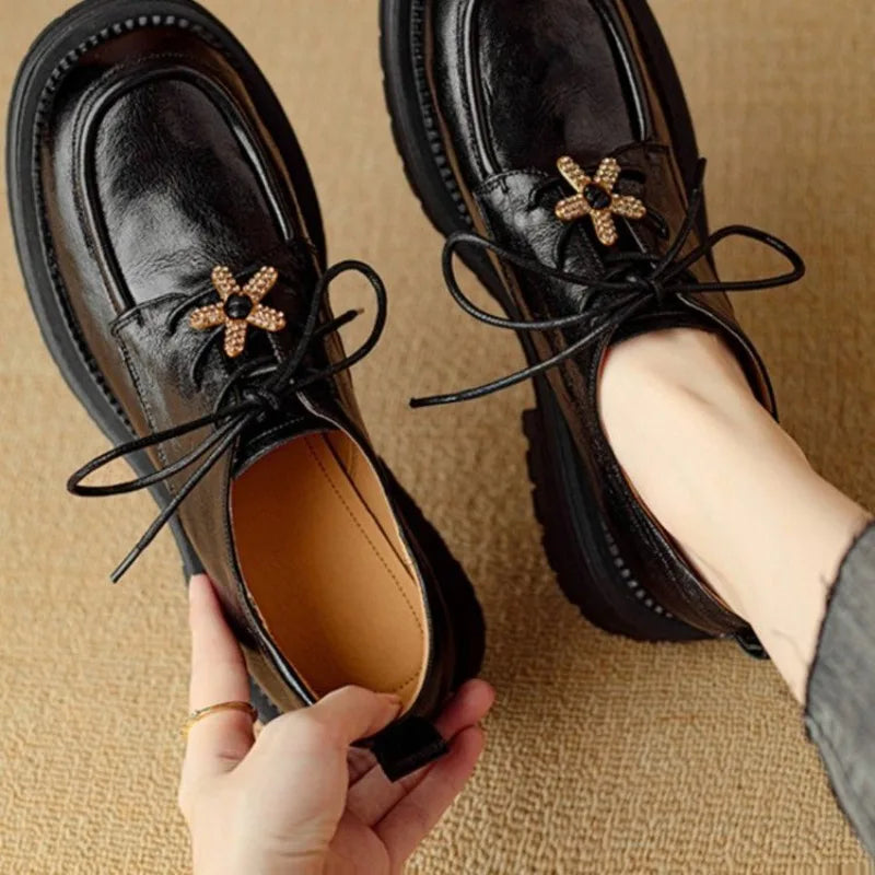 Block Heel Loafers Autumn New Round Toe Deep Mouth Front Lace-Up Rhinestone Non-Slip Wear-Resistant Platform Single Shoes