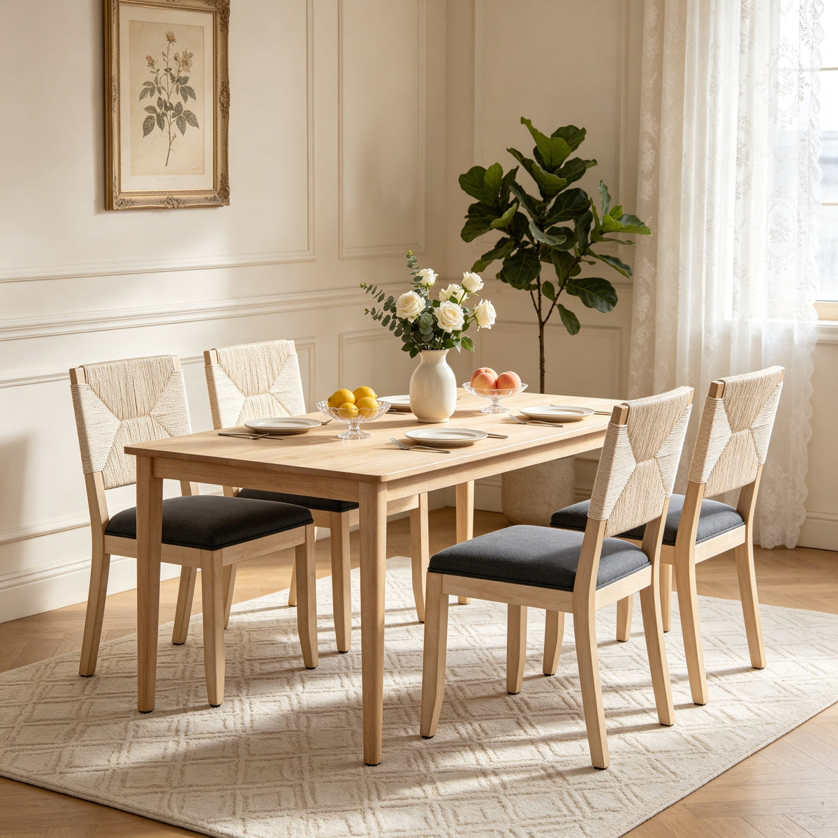Dining Chairs Set of 2 with Woven Rope Backs and Linen Seats, French
