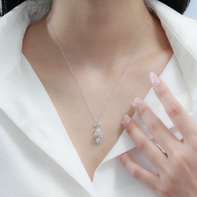 Genuine Moissanite Necklace S925 Sterling Silver Bow Bell Necklace GRA Certified A distinguished Christmas gift for your lover