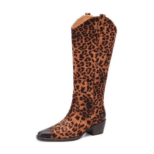 2025 New Retro Knee-Length Women Boots Leopard Print Modern High Heels Fashionable Party Shoes